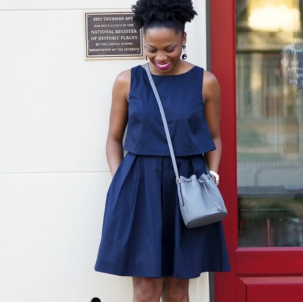 Loft Women's Poplin Crop Illusion Mini Dress Size 6 Navy Open Back Feminine